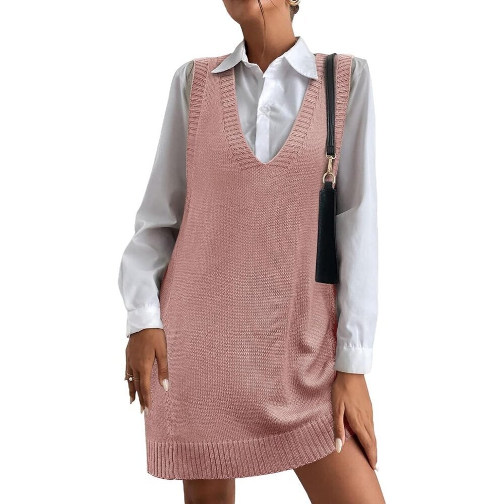 🆕Hotouch Womens Deep Pink V Neck Sleeveless Knitwear Pullover Vest Sweaters